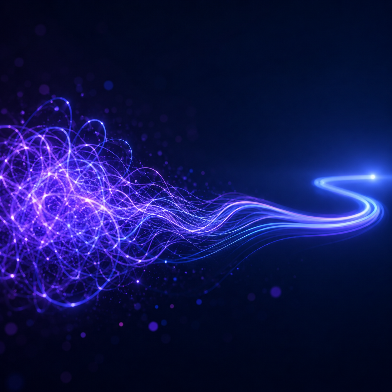 Abstract illustration of tangled light untangling into a single clear path